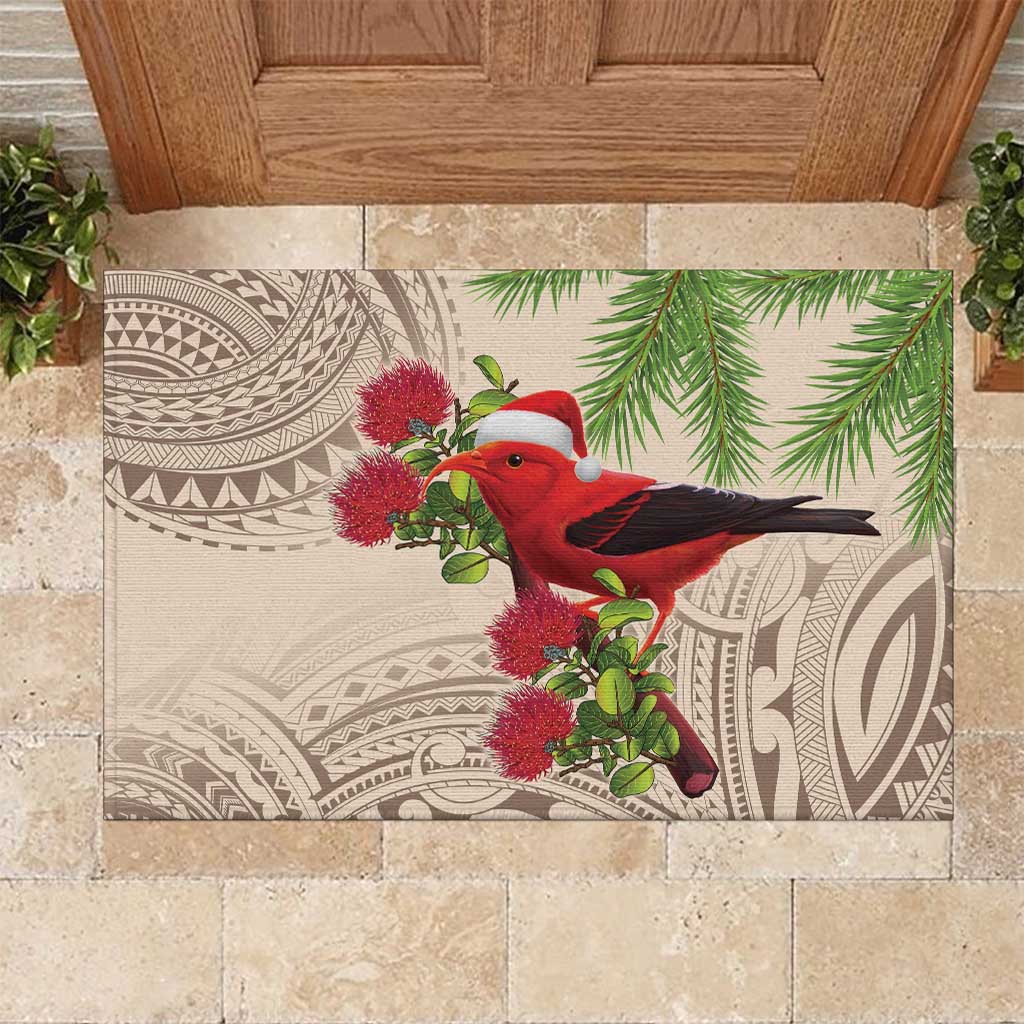 Christmas Hawaii with I'iwi Bird Rubber Doormat Aloha Mele Kalikimaka - Beige Art LT9 Beige - Polynesian Pride