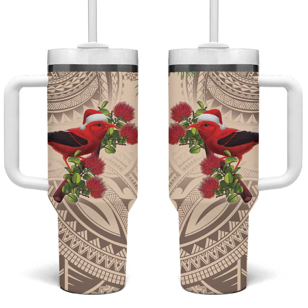 Christmas Hawaii with I'iwi Bird Tumbler With Handle Aloha Mele Kalikimaka - Beige Art LT9 One Size: 40 oz Beige - Polynesian Pride