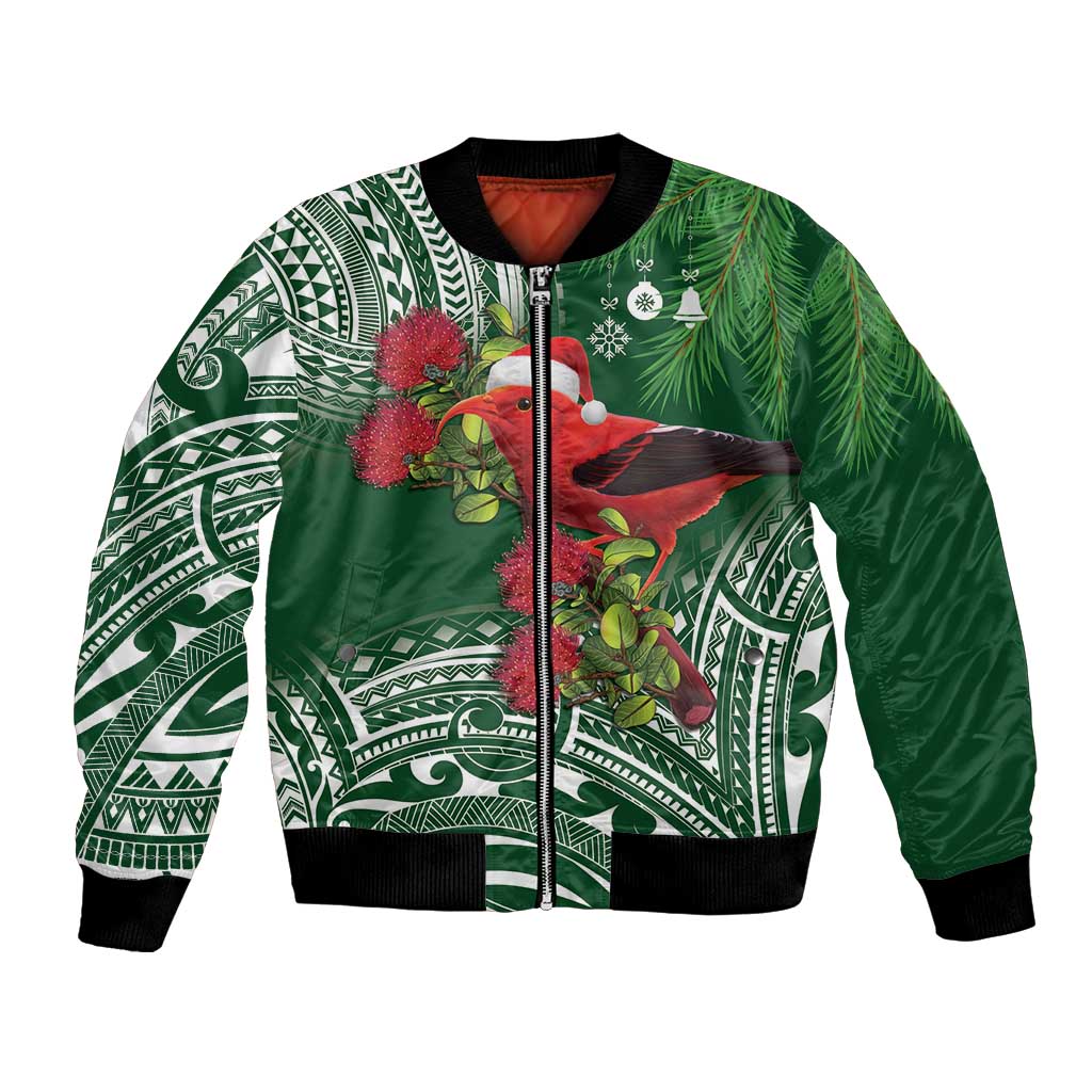 Christmas Hawaii with I'iwi Bird Bomber Jacket Aloha Mele Kalikimaka - Green Art LT9 Unisex Green - Polynesian Pride