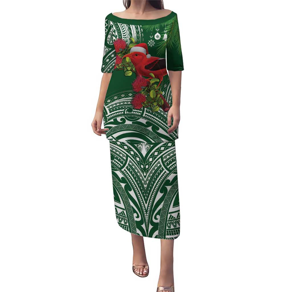 Christmas Hawaii with I'iwi Bird Puletasi Aloha Mele Kalikimaka - Green Art LT9 Long Dress Green - Polynesian Pride