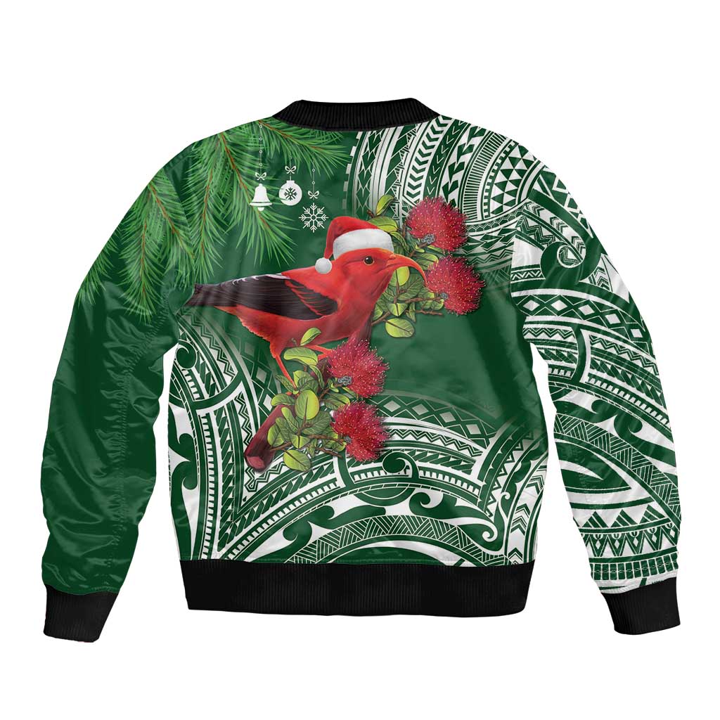 Christmas Hawaii with I'iwi Bird Sleeve Zip Bomber Jacket Aloha Mele Kalikimaka - Green Art LT9 - Polynesian Pride