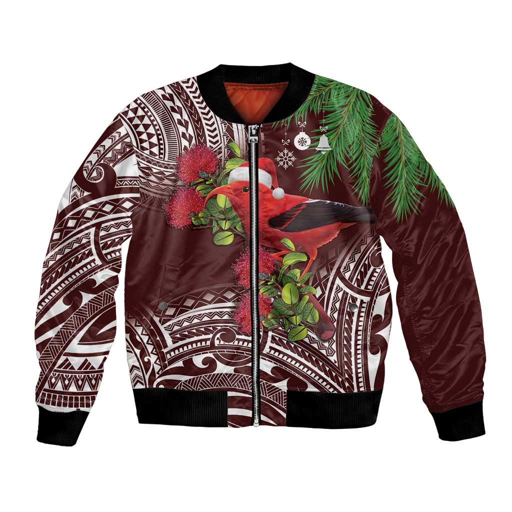 Christmas Hawaii with I'iwi Bird Bomber Jacket Aloha Mele Kalikimaka - Oxblood Art LT9 Unisex Oxblood - Polynesian Pride