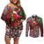 Christmas Hawaii with I'iwi Bird Couples Matching Off Shoulder Short Dress and Long Sleeve Button Shirt Aloha Mele Kalikimaka - Oxblood Art