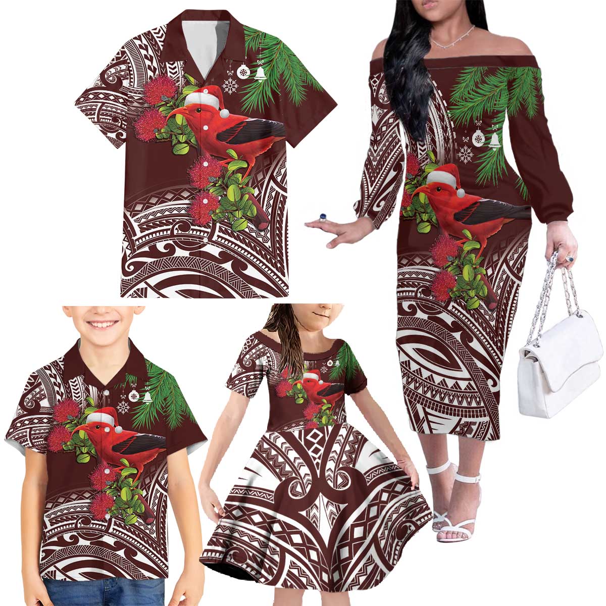 Christmas Hawaii with I'iwi Bird Family Matching Off The Shoulder Long Sleeve Dress and Hawaiian Shirt Aloha Mele Kalikimaka - Oxblood Art