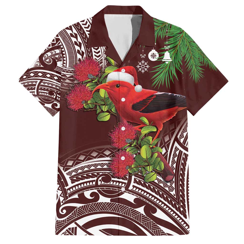Christmas Hawaii with I'iwi Bird Hawaiian Shirt Aloha Mele Kalikimaka - Oxblood Art LT9 Oxblood - Polynesian Pride
