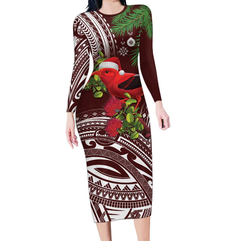 Christmas Hawaii with I'iwi Bird Long Sleeve Bodycon Dress Aloha Mele Kalikimaka - Oxblood Art LT9 Long Dress Oxblood - Polynesian Pride