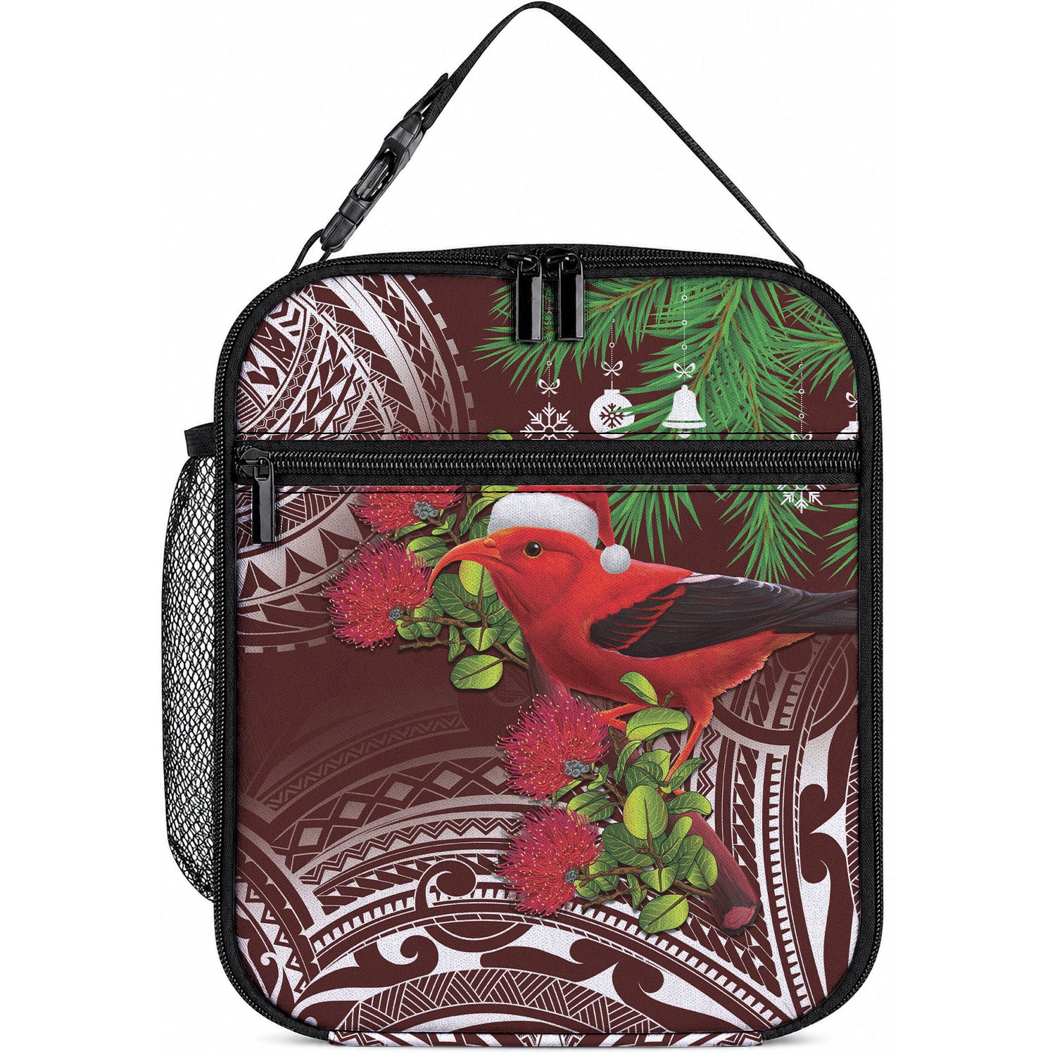 Christmas Hawaii with I'iwi Bird Lunch Bag Aloha Mele Kalikimaka - Oxblood Art LT9 10.2 × 8.3 × 4.3 inch Oxblood - Polynesian Pride