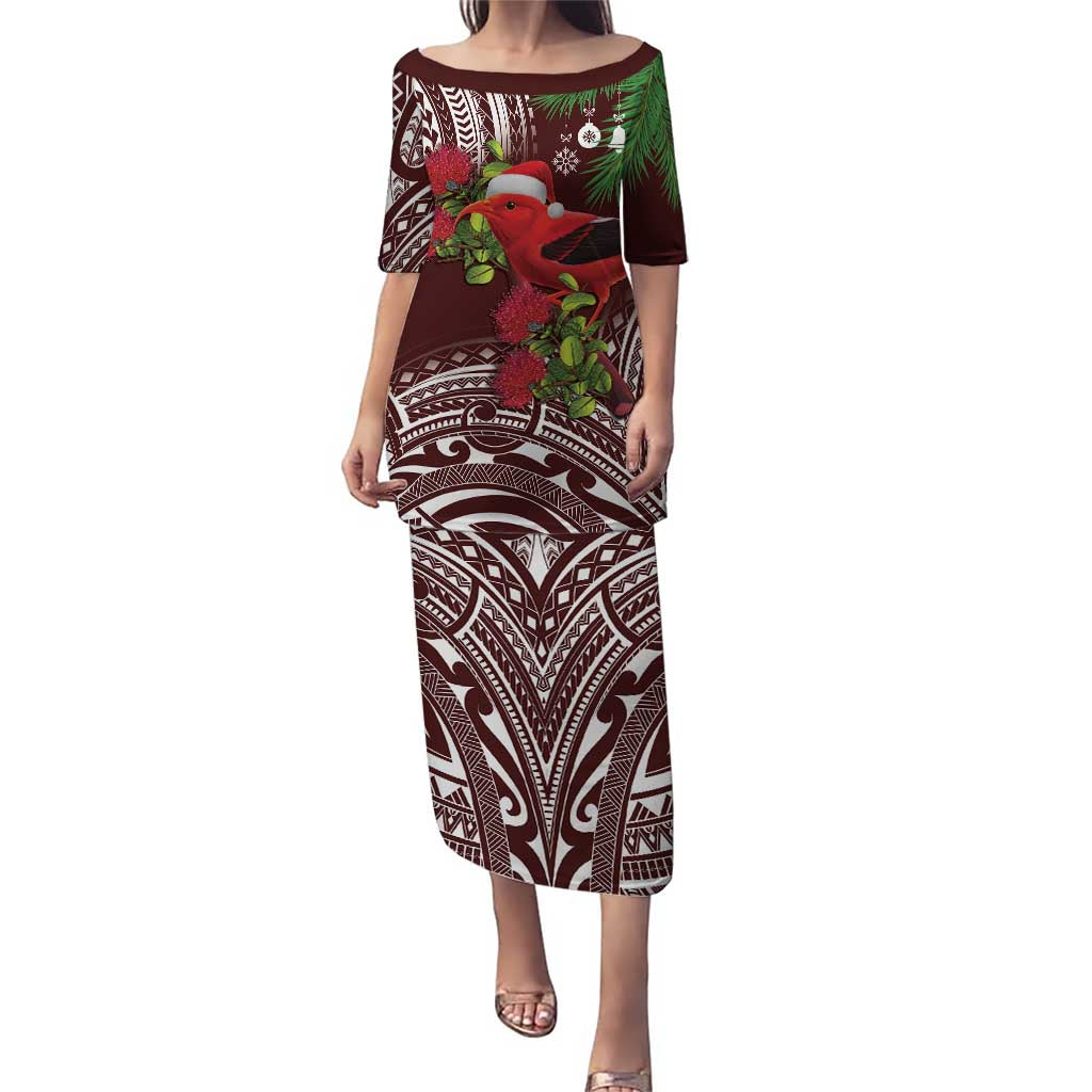 Christmas Hawaii with I'iwi Bird Puletasi Aloha Mele Kalikimaka - Oxblood Art LT9 Long Dress Oxblood - Polynesian Pride
