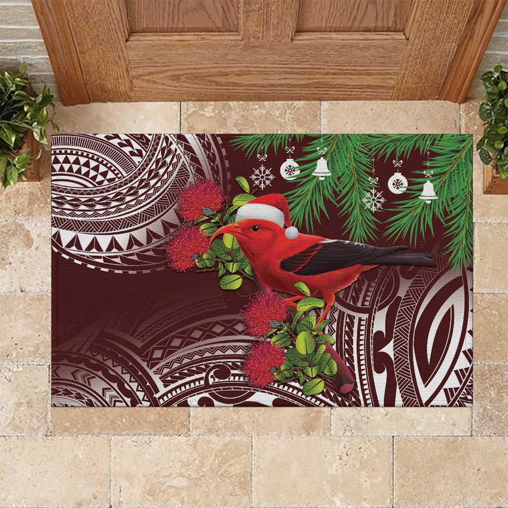 Christmas Hawaii with I'iwi Bird Rubber Doormat Aloha Mele Kalikimaka - Oxblood Art LT9 Oxblood - Polynesian Pride
