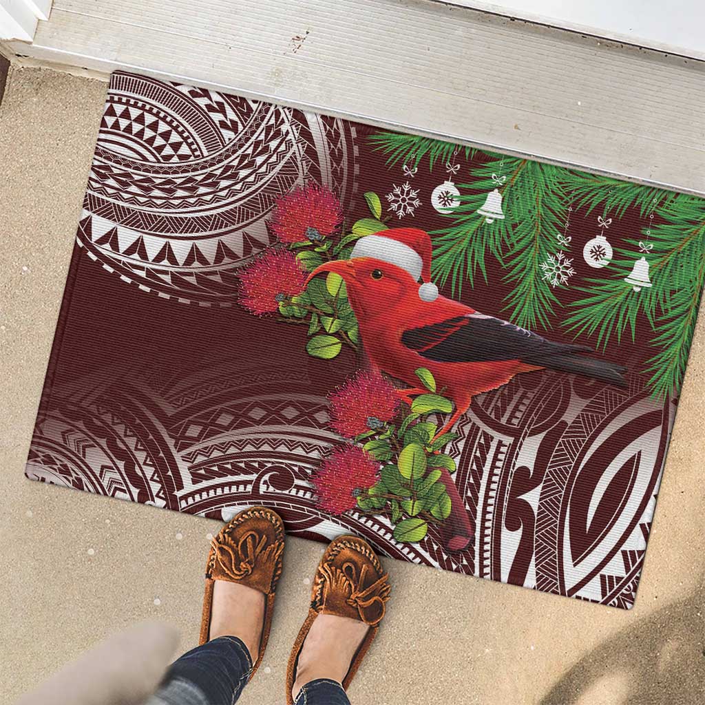 Christmas Hawaii with I'iwi Bird Rubber Doormat Aloha Mele Kalikimaka - Oxblood Art LT9 - Polynesian Pride