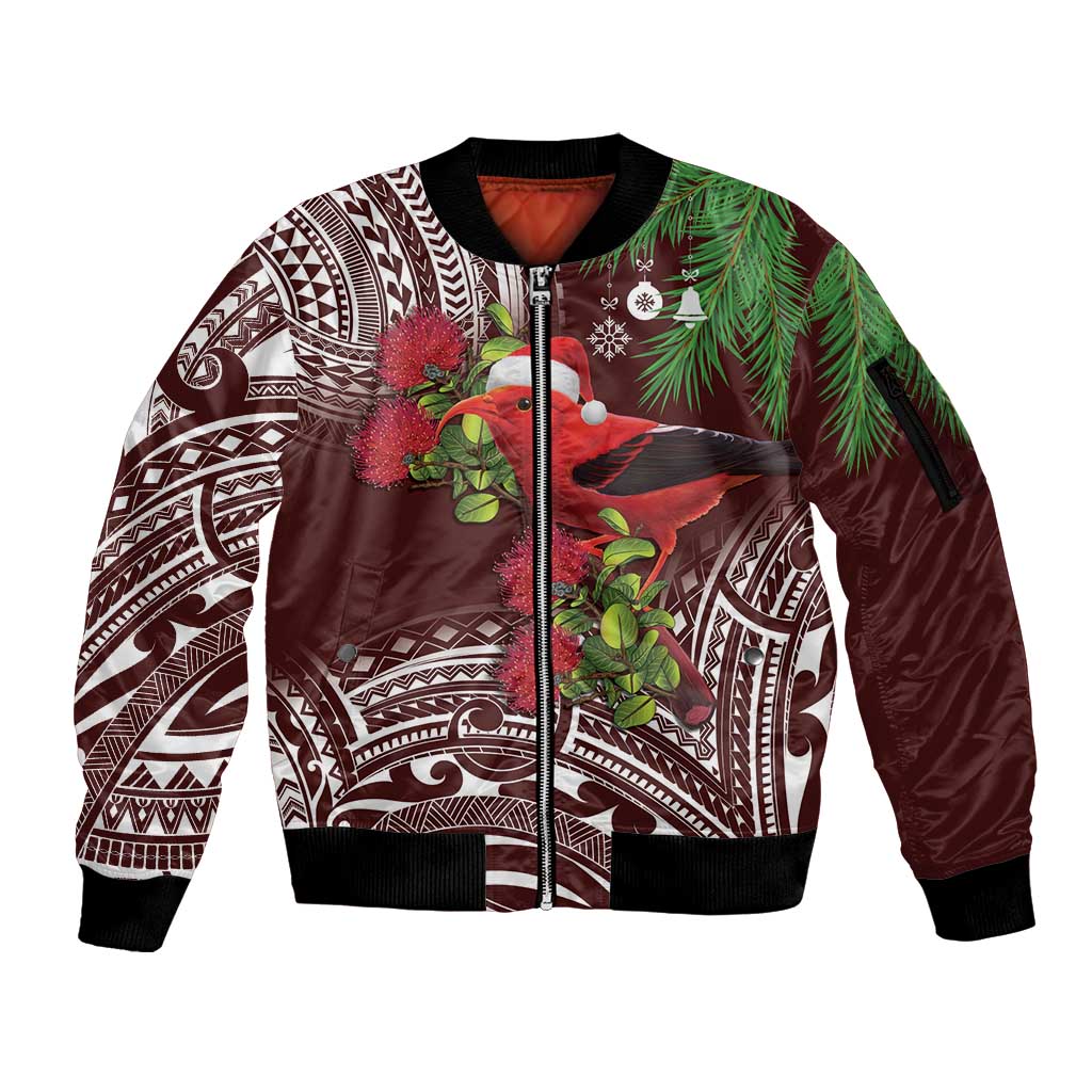 Christmas Hawaii with I'iwi Bird Sleeve Zip Bomber Jacket Aloha Mele Kalikimaka - Oxblood Art LT9 Unisex Oxblood - Polynesian Pride