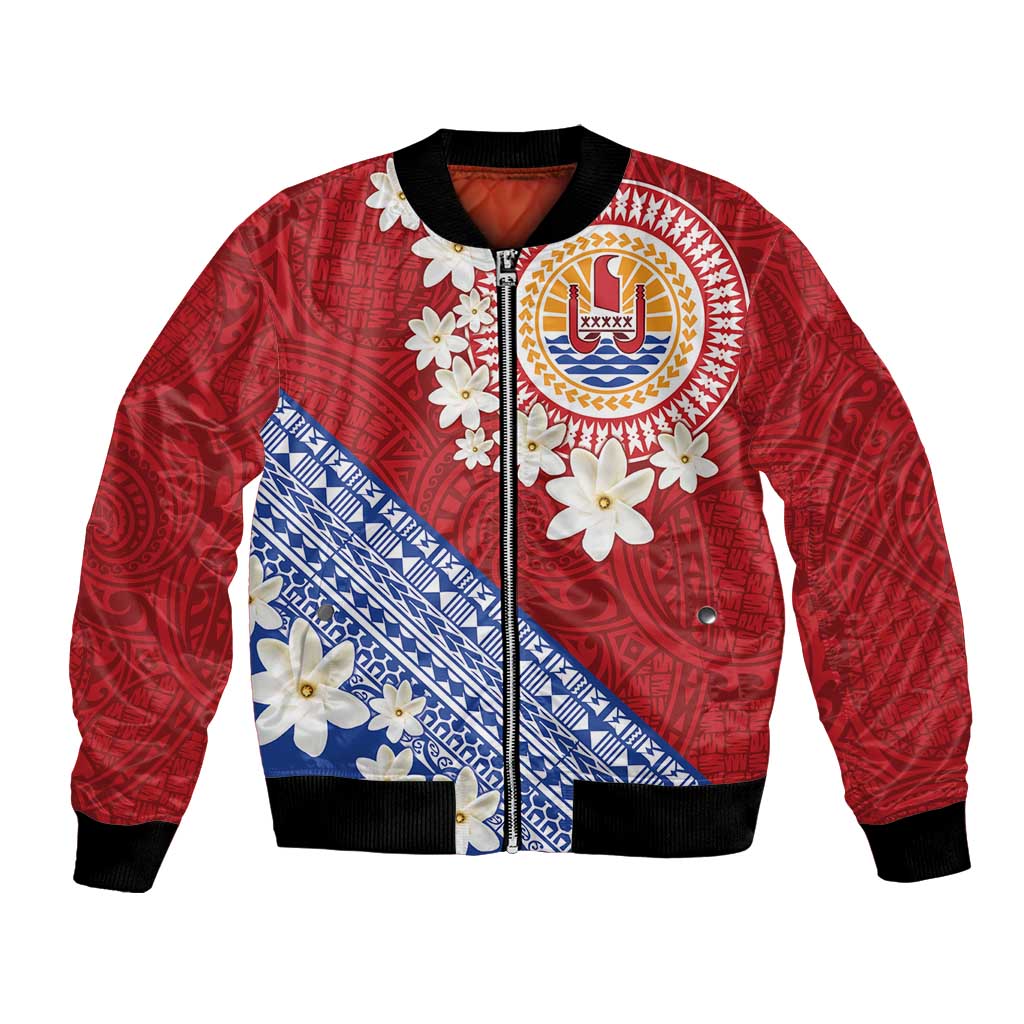 French Polynesia Bomber Jacket Tahitian Tiare Flowers Tribal LT9 Unisex Red - Polynesian Pride