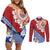 French Polynesia Couples Matching Off Shoulder Short Dress and Long Sleeve Button Shirt Tahitian Tiare Flowers Tribal