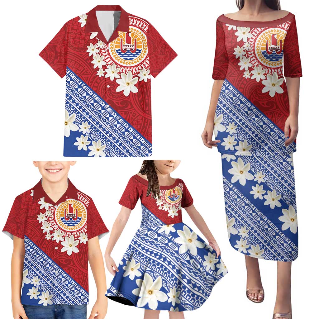 French Polynesia Family Matching Puletasi and Hawaiian Shirt Tahitian Tiare Flowers Tribal