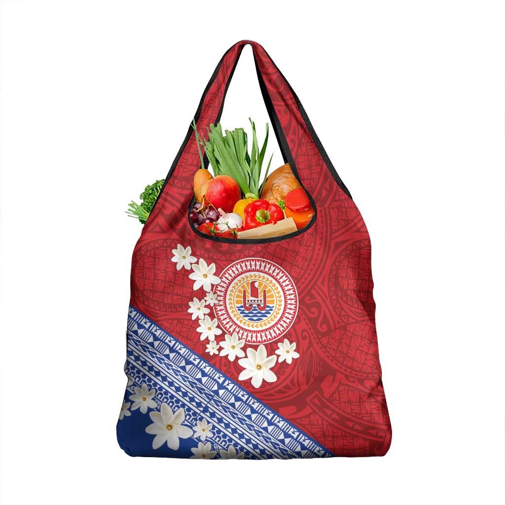 French Polynesia Grocery Bag Tahitian Tiare Flowers Tribal