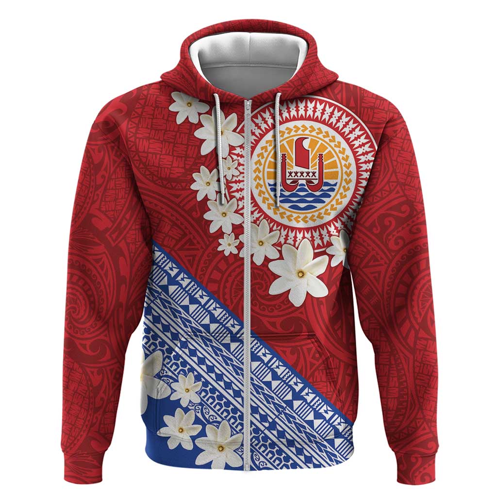 French Polynesia Hoodie Tahitian Tiare Flowers Tribal LT9 Zip Hoodie Red - Polynesian Pride
