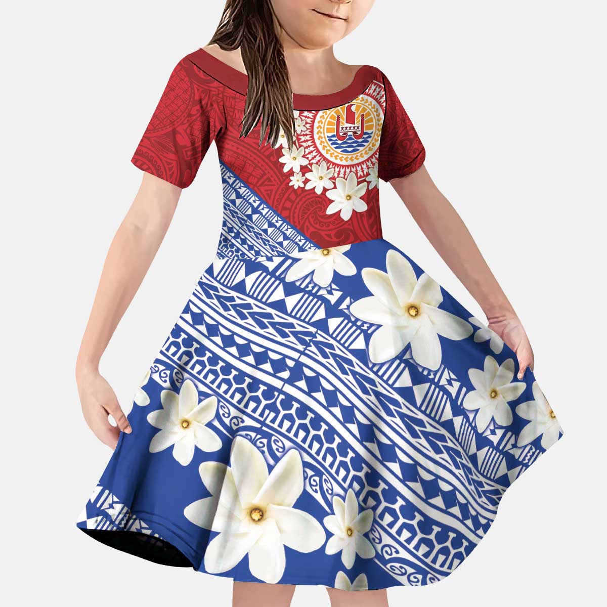 French Polynesia Kid Short Sleeve Dress Tahitian Tiare Flowers Tribal LT9 KID Red - Polynesian Pride