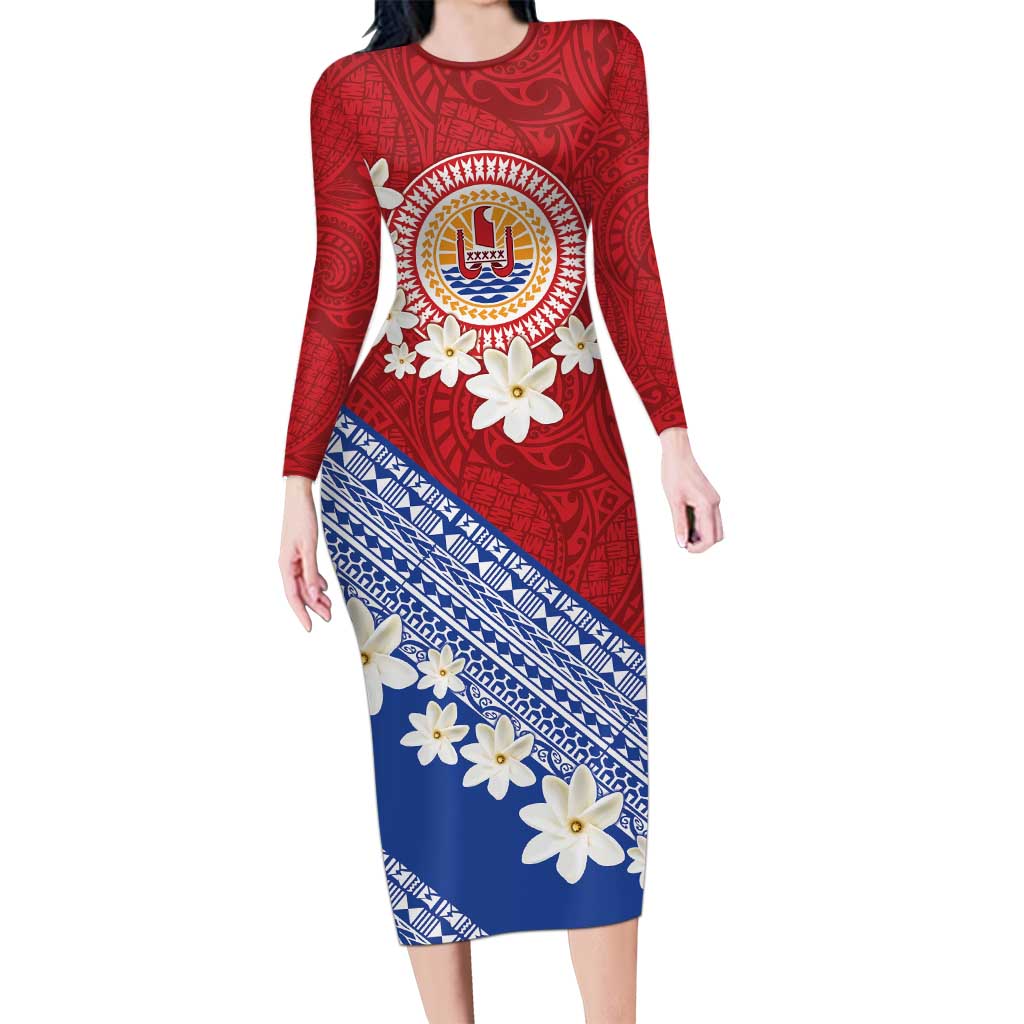 French Polynesia Long Sleeve Bodycon Dress Tahitian Tiare Flowers Tribal LT9 Long Dress Red - Polynesian Pride