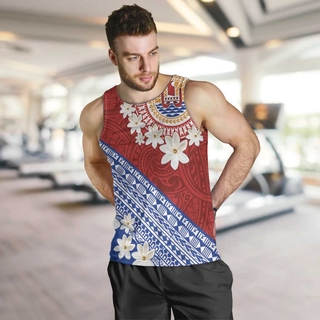 French Polynesia Men Tank Top Tahitian Tiare Flowers Tribal LT9 Red - Polynesian Pride