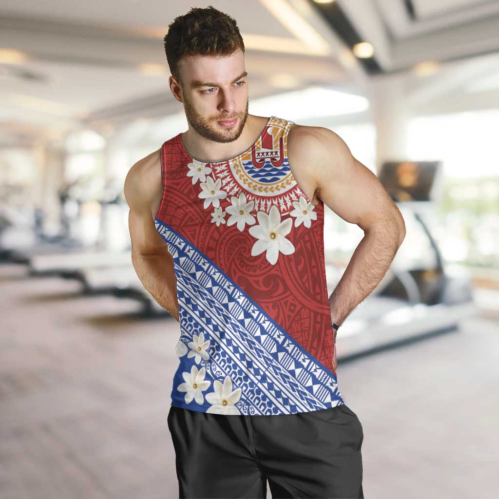 French Polynesia Men Tank Top Tahitian Tiare Flowers Tribal