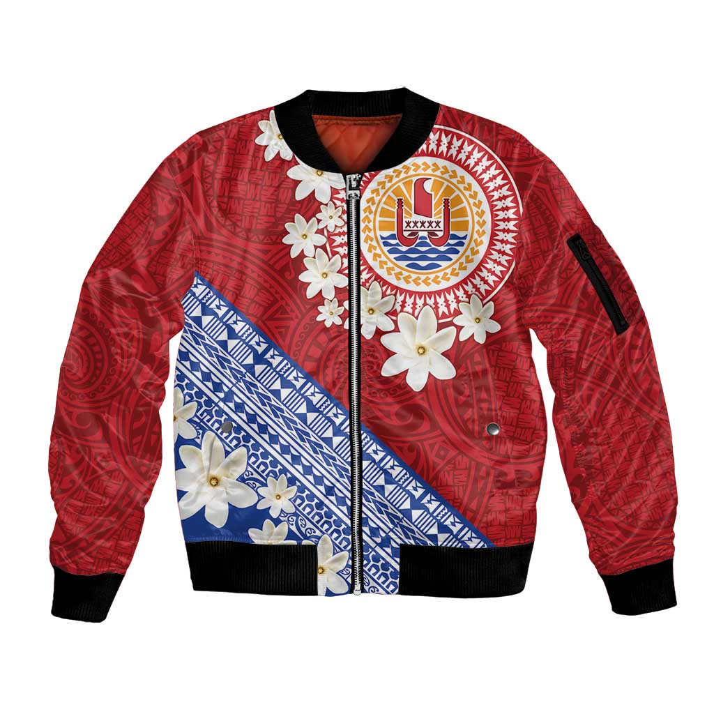 French Polynesia Sleeve Zip Bomber Jacket Tahitian Tiare Flowers Tribal LT9 Unisex Red - Polynesian Pride