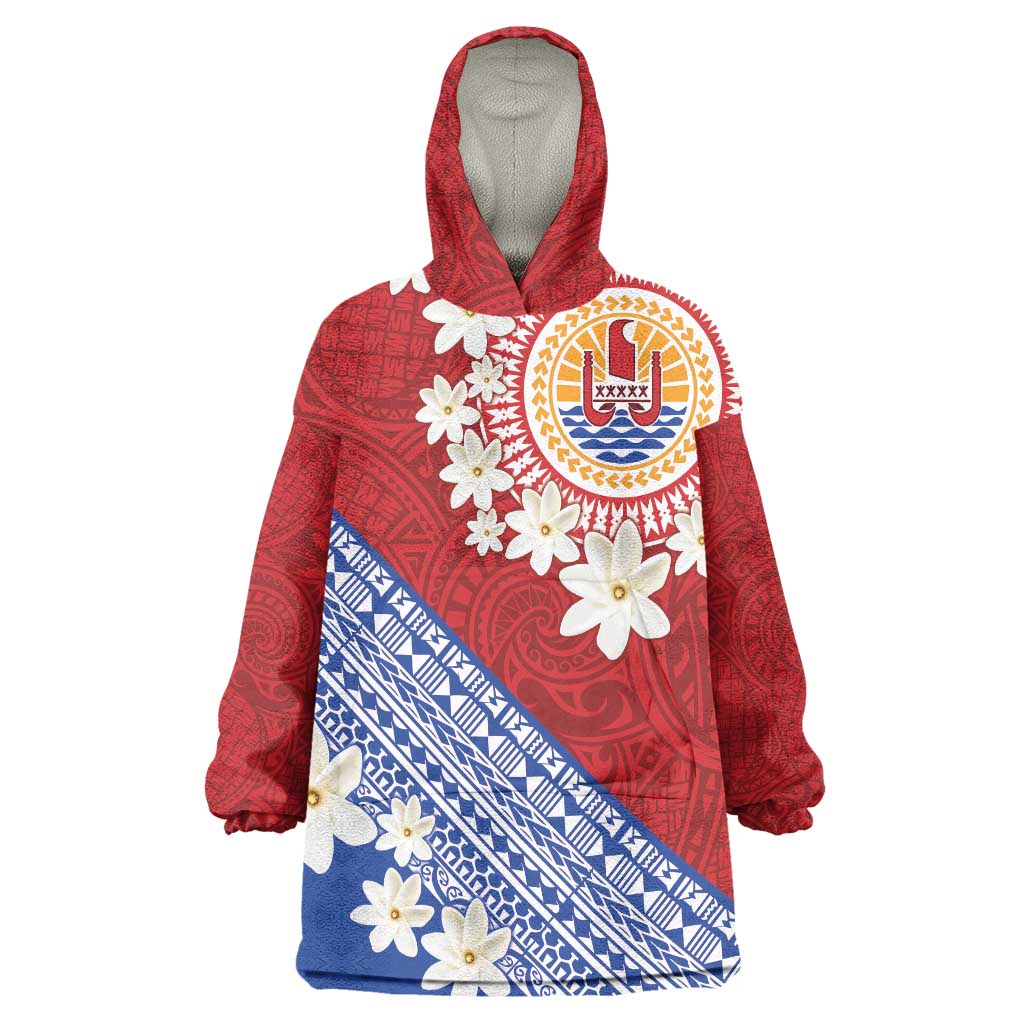 French Polynesia Wearable Blanket Hoodie Tahitian Tiare Flowers Tribal LT9 One Size Red - Polynesian Pride