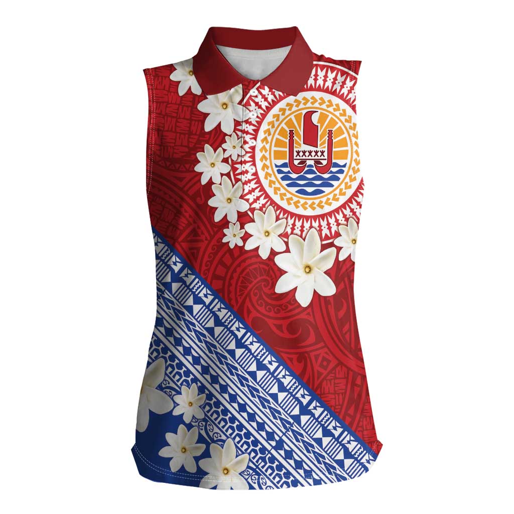 French Polynesia Women Sleeveless Polo Shirt Tahitian Tiare Flowers Tribal