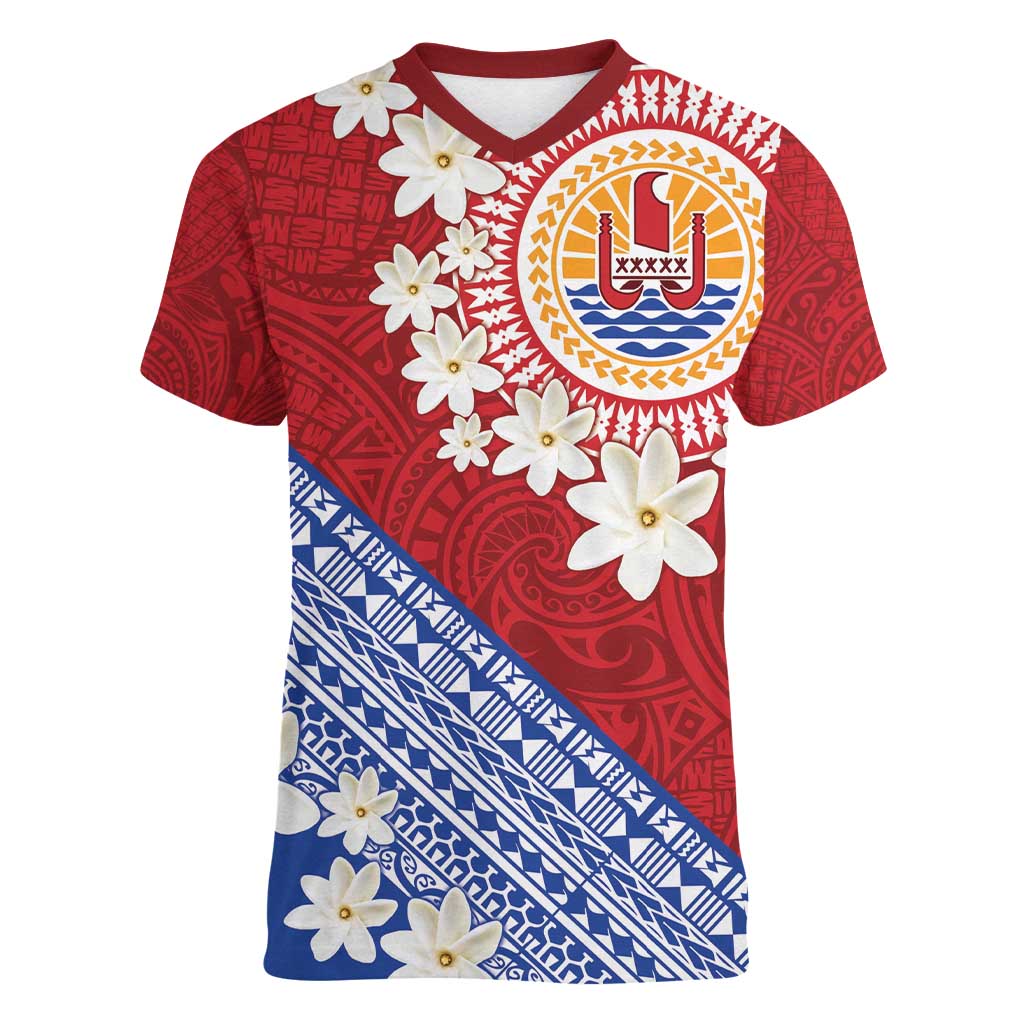 French Polynesia Women V-Neck T-Shirt Tahitian Tiare Flowers Tribal