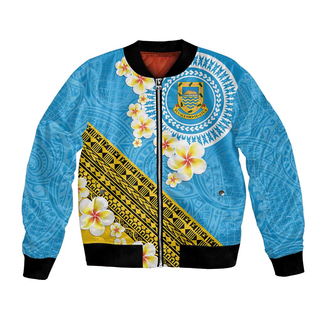 Tuvalu Plumeria Flowers Bomber Jacket Polynesian Tribal Pattern LT9 Unisex Blue - Polynesian Pride