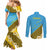 Tuvalu Plumeria Flowers Couples Matching Mermaid Dress and Long Sleeve Button Shirt Polynesian Tribal Pattern