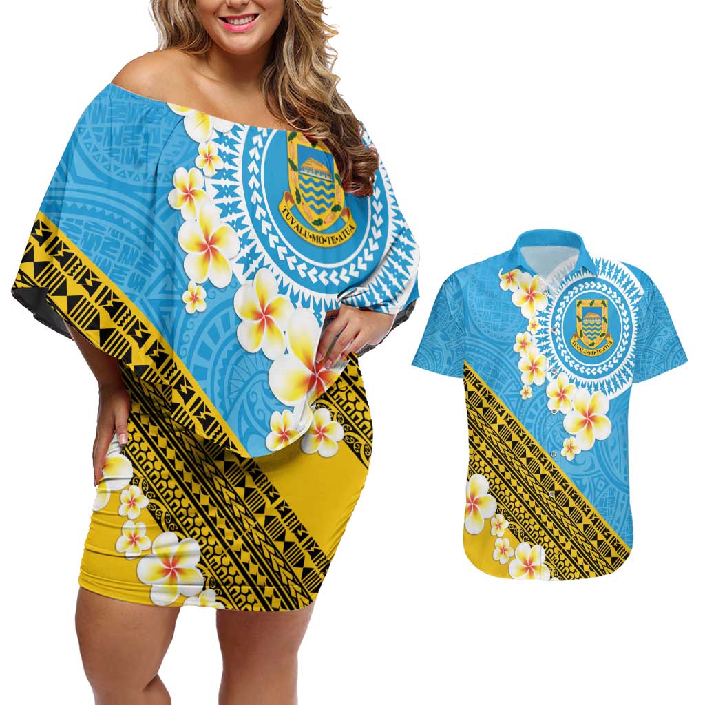 Tuvalu Plumeria Flowers Couples Matching Off Shoulder Short Dress and Hawaiian Shirt Polynesian Tribal Pattern