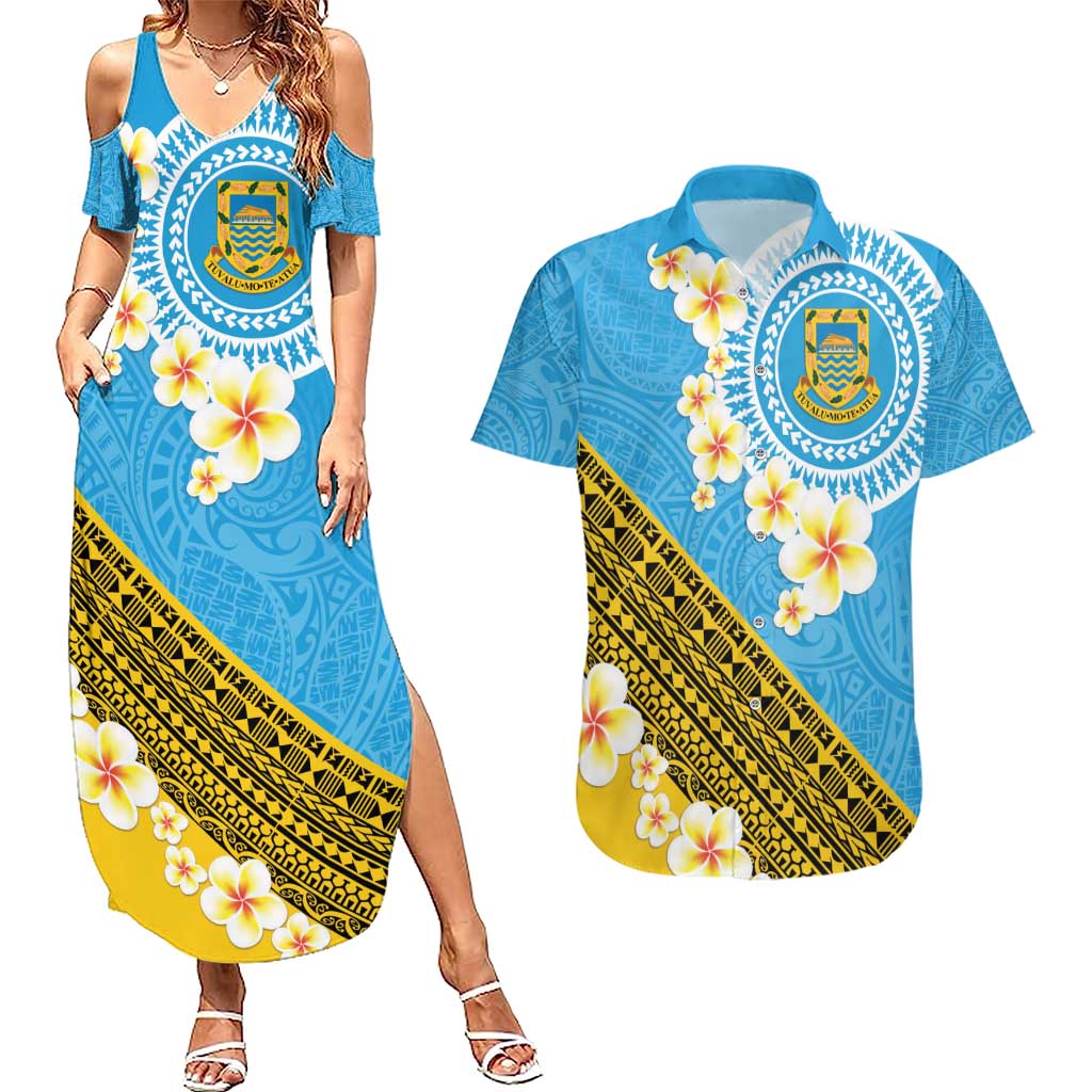 Tuvalu Plumeria Flowers Couples Matching Summer Maxi Dress and Hawaiian Shirt Polynesian Tribal Pattern