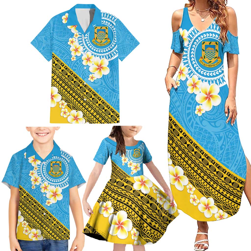 Tuvalu Plumeria Flowers Family Matching Summer Maxi Dress and Hawaiian Shirt Polynesian Tribal Pattern