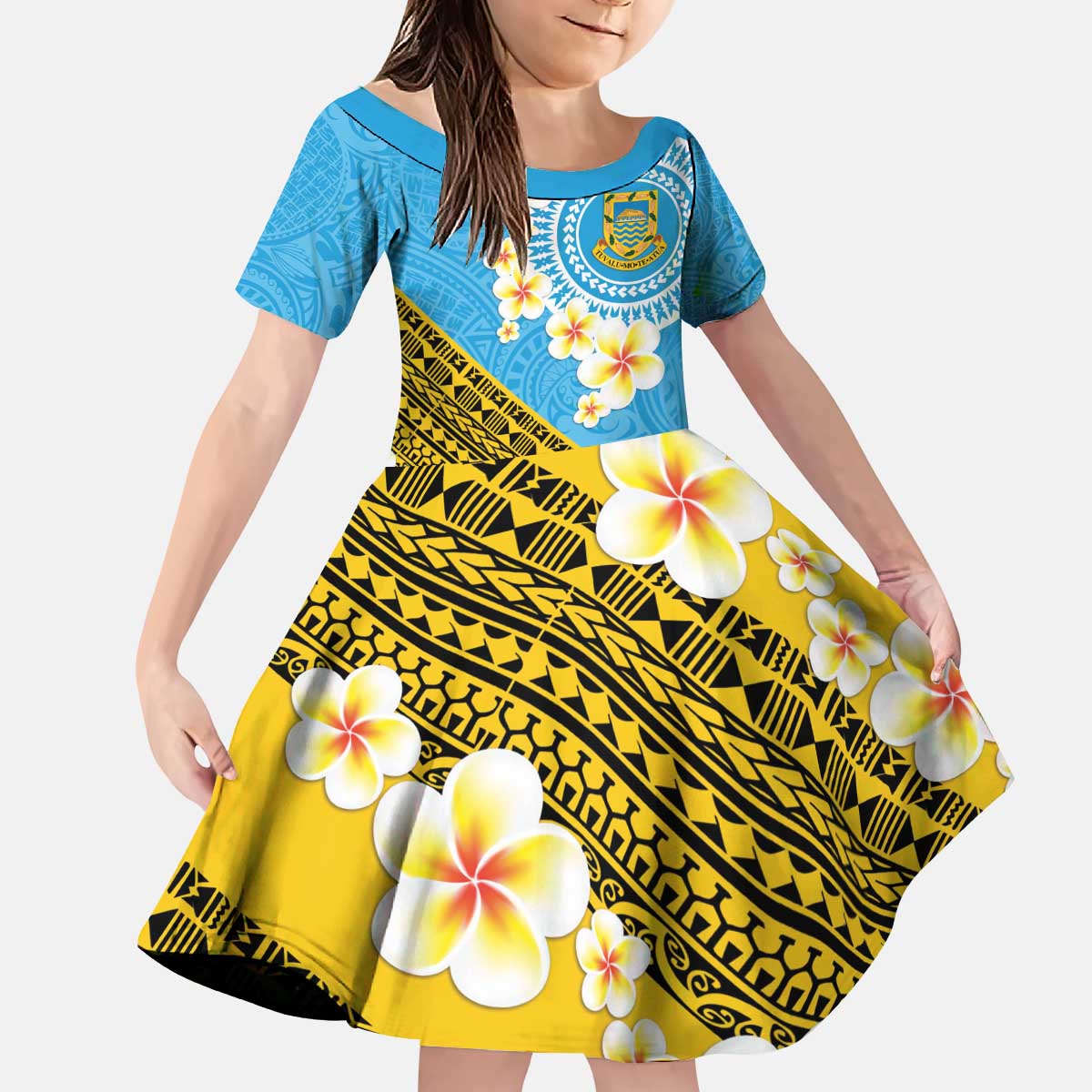 Tuvalu Plumeria Flowers Kid Short Sleeve Dress Polynesian Tribal Pattern