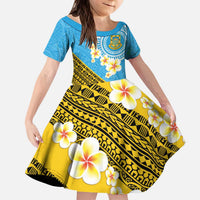 Tuvalu Plumeria Flowers Kid Short Sleeve Dress Polynesian Tribal Pattern LT9 KID Blue - Polynesian Pride