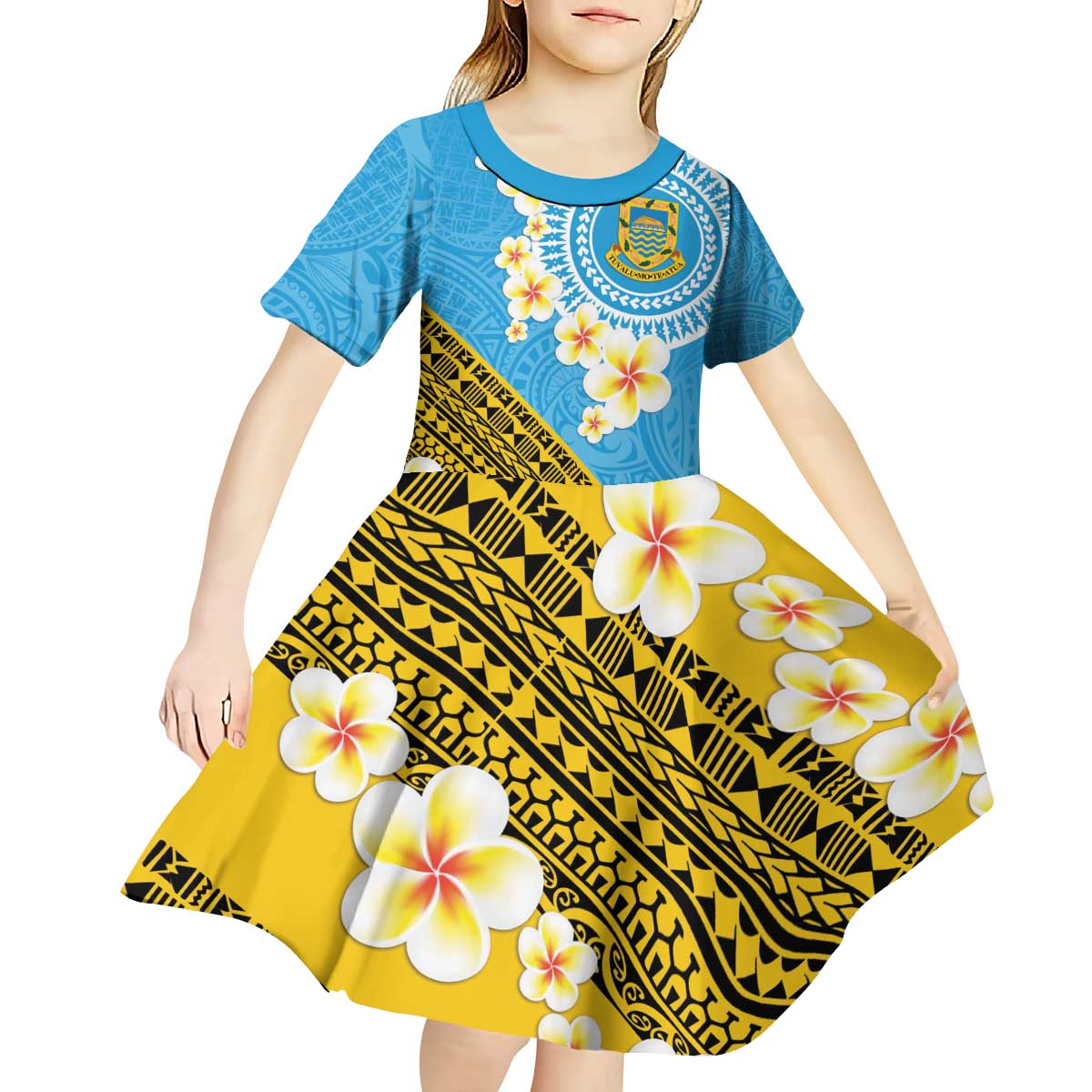 Tuvalu Plumeria Flowers Kid Short Sleeve Dress Polynesian Tribal Pattern LT9 - Polynesian Pride