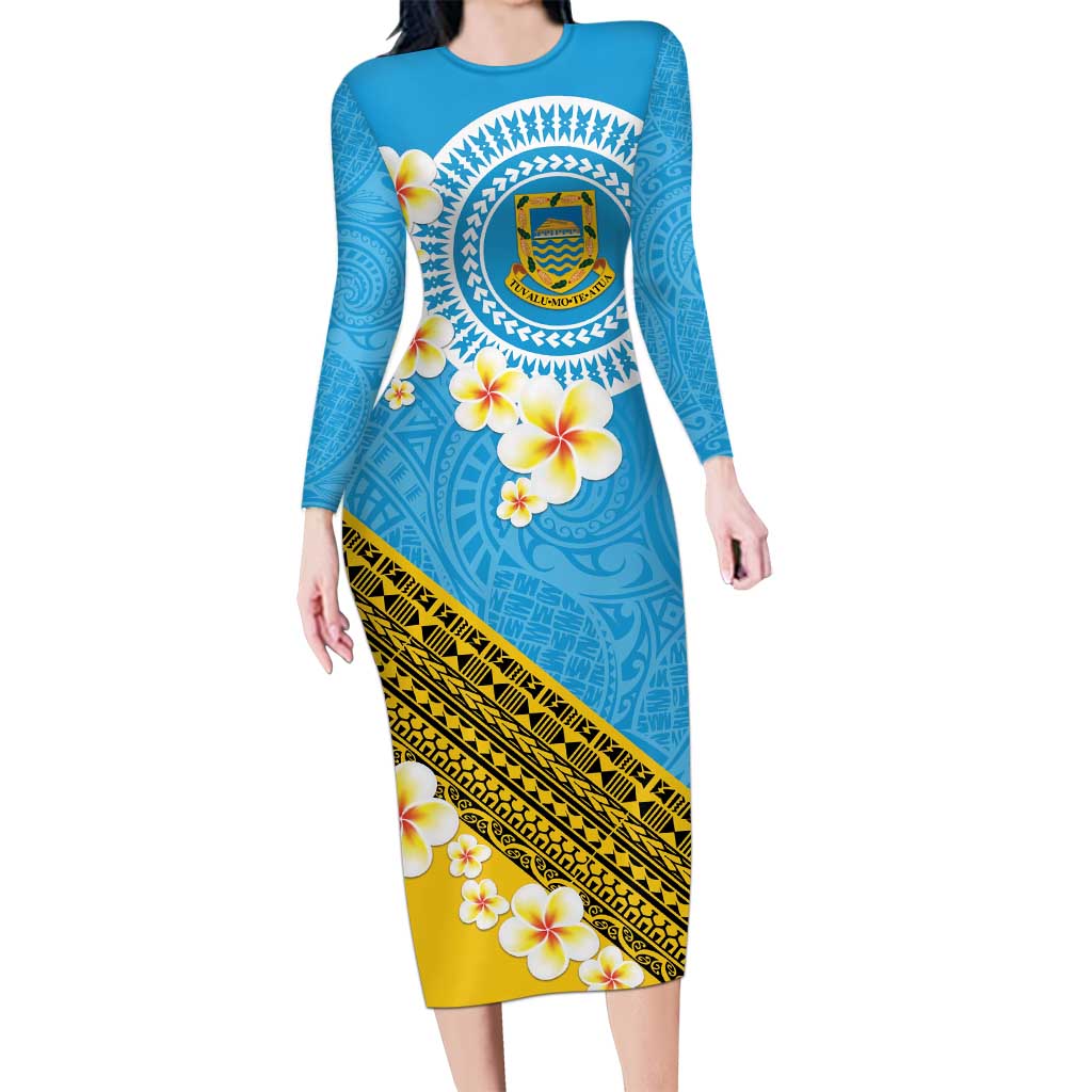 Tuvalu Plumeria Flowers Long Sleeve Bodycon Dress Polynesian Tribal Pattern LT9 Long Dress Blue - Polynesian Pride