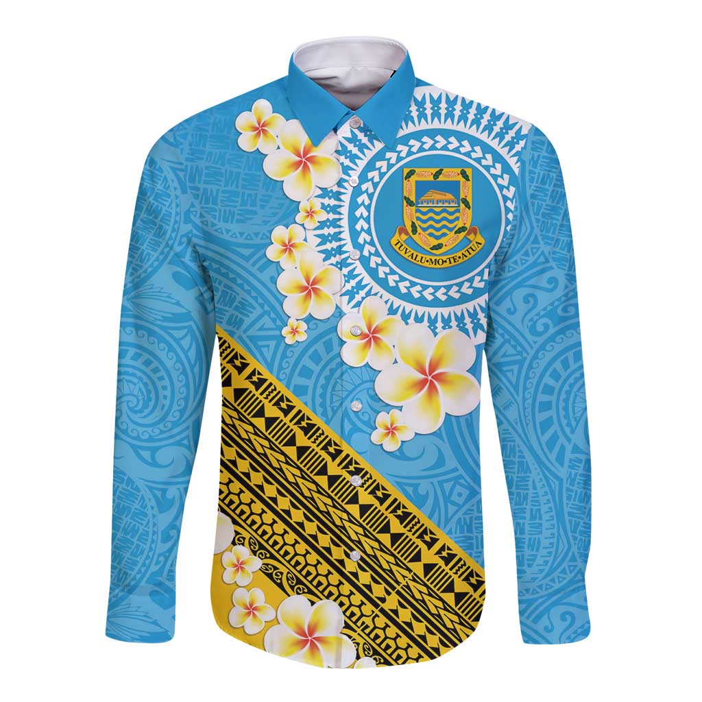 Tuvalu Plumeria Flowers Long Sleeve Button Shirt Polynesian Tribal Pattern LT9 Unisex Blue - Polynesian Pride