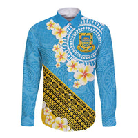 Tuvalu Plumeria Flowers Long Sleeve Button Shirt Polynesian Tribal Pattern LT9 Unisex Blue - Polynesian Pride