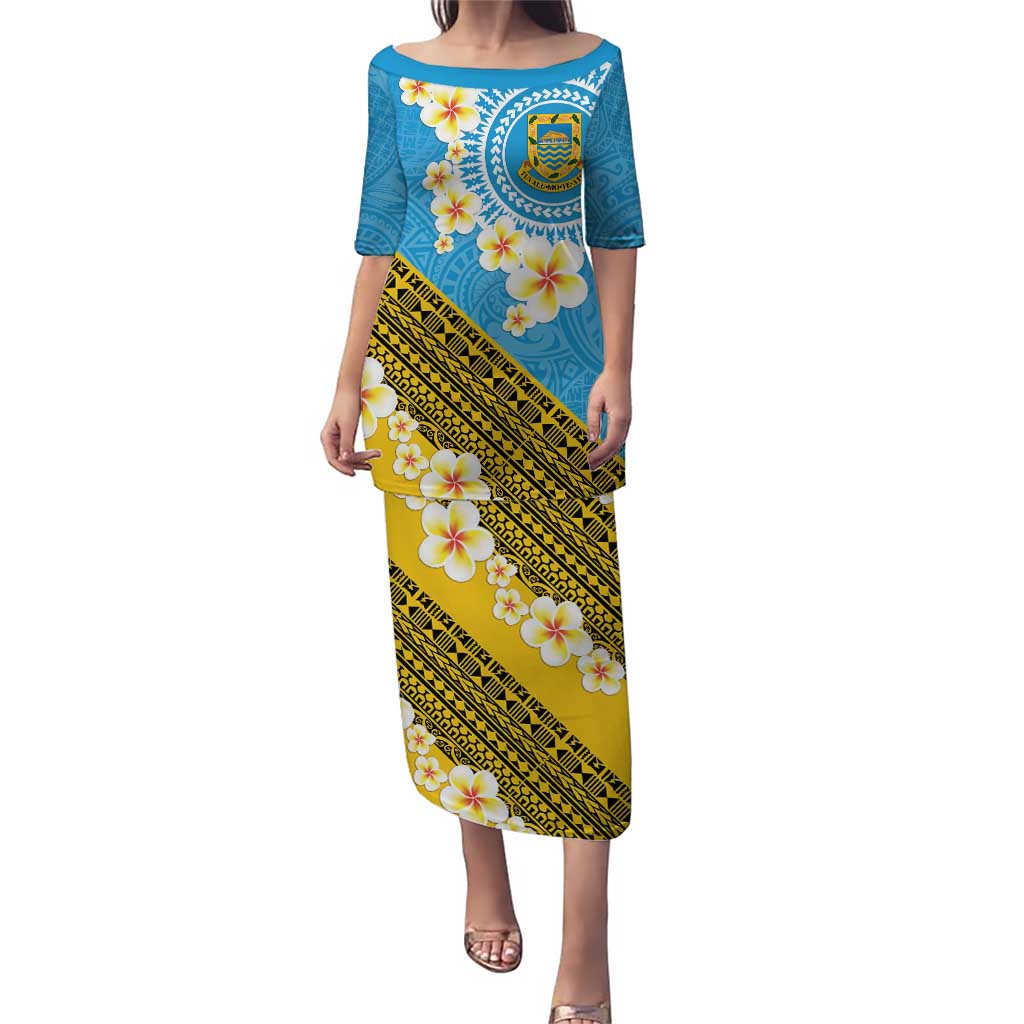 Tuvalu Plumeria Flowers Puletasi Polynesian Tribal Pattern LT9 Long Dress Blue - Polynesian Pride