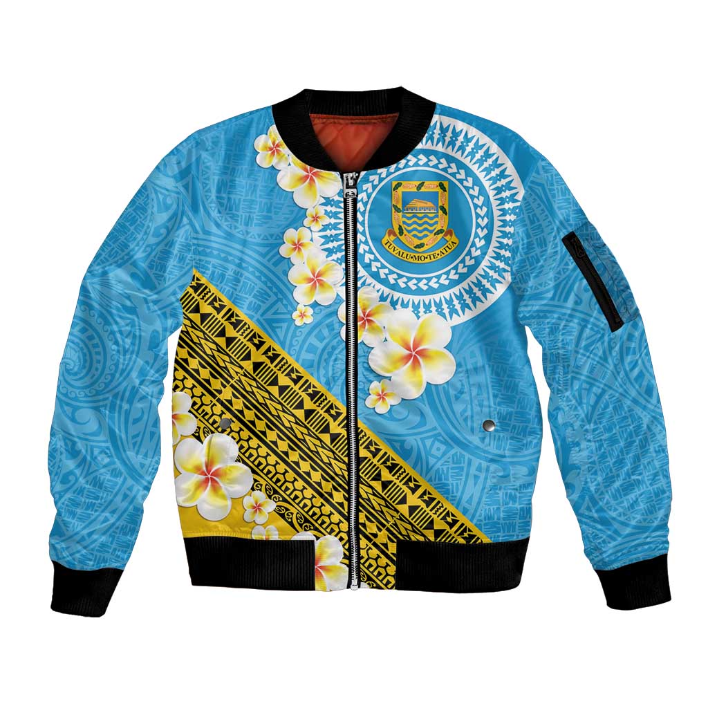 Tuvalu Plumeria Flowers Sleeve Zip Bomber Jacket Polynesian Tribal Pattern LT9 Unisex Blue - Polynesian Pride