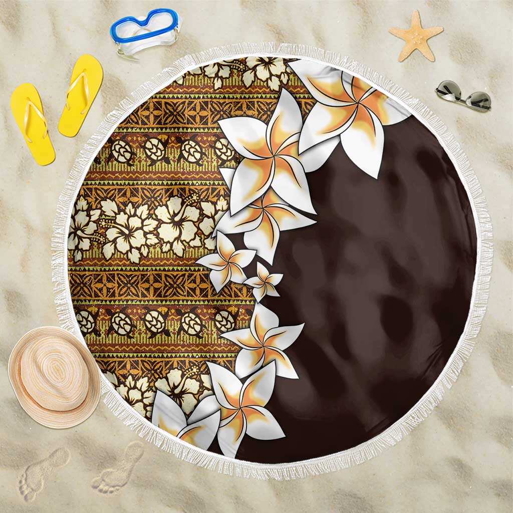 Vintage Hibiscus Turtle Pattern Beach Blanket with Plumeria Half Style LT9 One Size 150cm Gold - Polynesian Pride