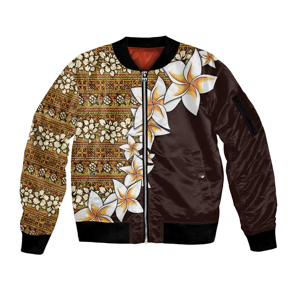 Vintage Hibiscus Turtle Pattern Sleeve Zip Bomber Jacket with Plumeria Half Style LT9 Unisex Gold - Polynesian Pride
