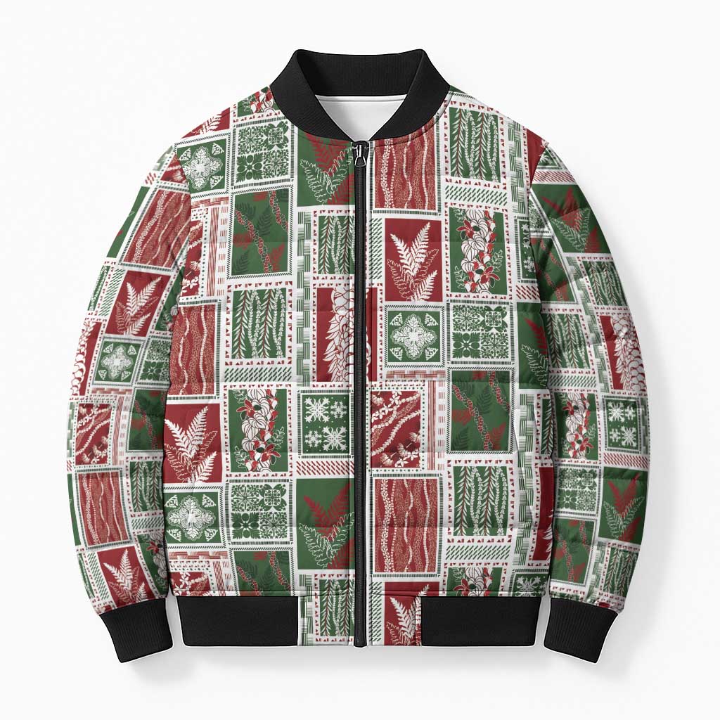 Mele Kalikimaka Hawaiian Quilt and Lei Patchwork Bomber Puffer Jacket LT9 Unisex Red - Polynesian Pride