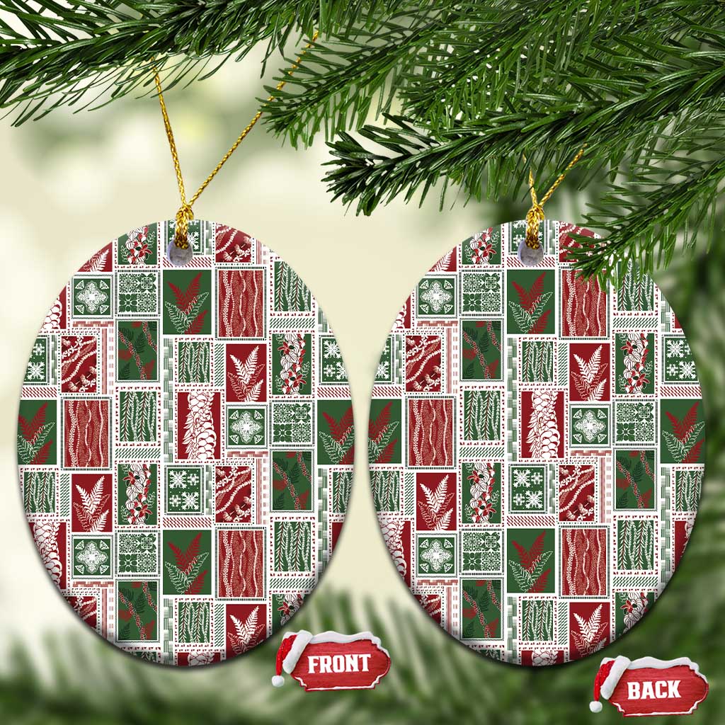 Mele Kalikimaka Hawaiian Quilt and Lei Patchwork Ceramic Ornament LT9 Oval Red - Polynesian Pride