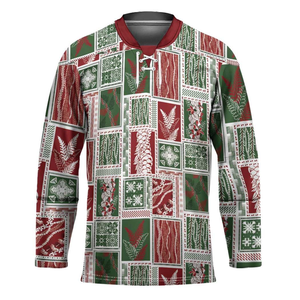 Mele Kalikimaka Hawaiian Quilt and Lei Patchwork Hockey Jersey LT9 Unisex Red - Polynesian Pride