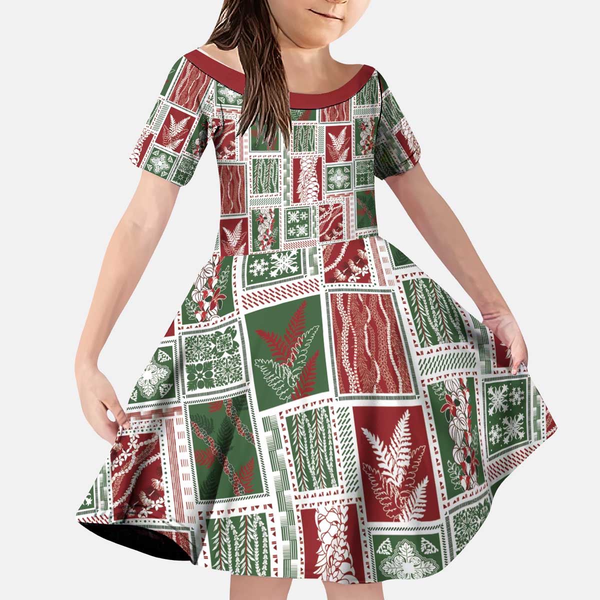 Mele Kalikimaka Hawaiian Quilt and Lei Patchwork Kid Short Sleeve Dress LT9 KID Red - Polynesian Pride