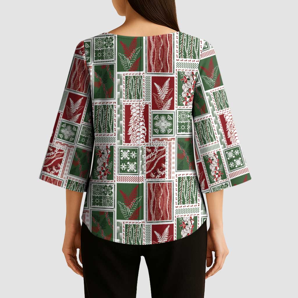 Mele Kalikimaka Hawaiian Quilt and Lei Patchwork Kimono Sleeve Blouse LT9 - Polynesian Pride