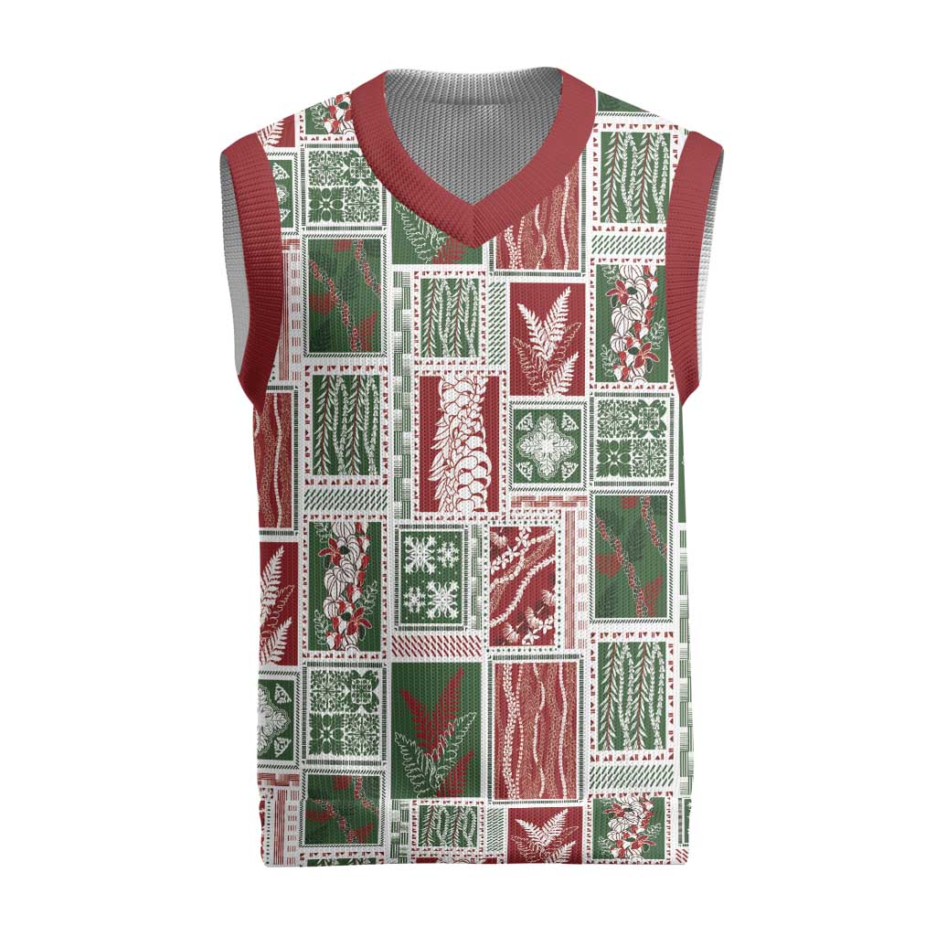 Mele Kalikimaka Hawaiian Quilt and Lei Patchwork Christmas Knitted V-Neck Vest LT9 Red - Polynesian Pride