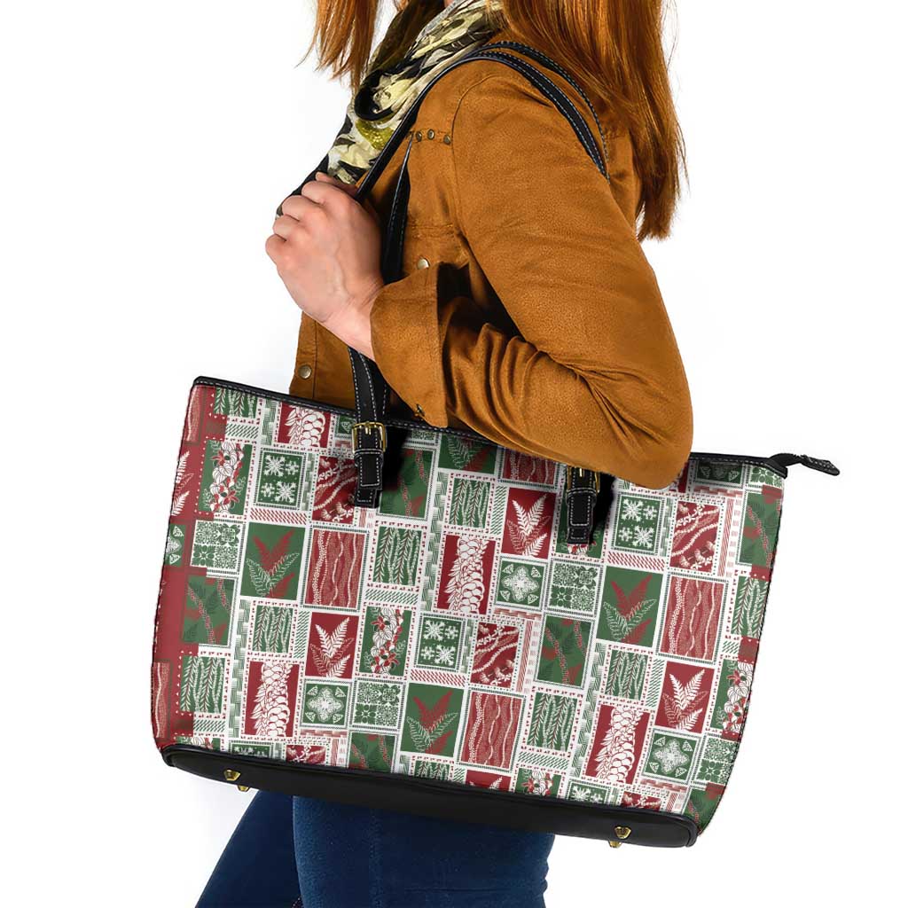 Mele Kalikimaka Hawaiian Quilt and Lei Patchwork Leather Tote Bag LT9 Red - Polynesian Pride